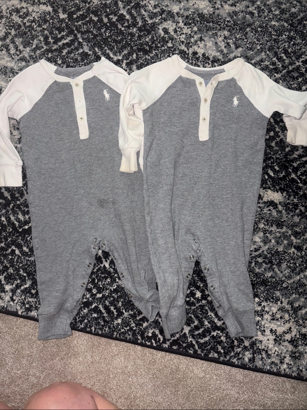 Twins (2) Ralph Lauren Gray and Cream Raglan Henley Baby Outfit